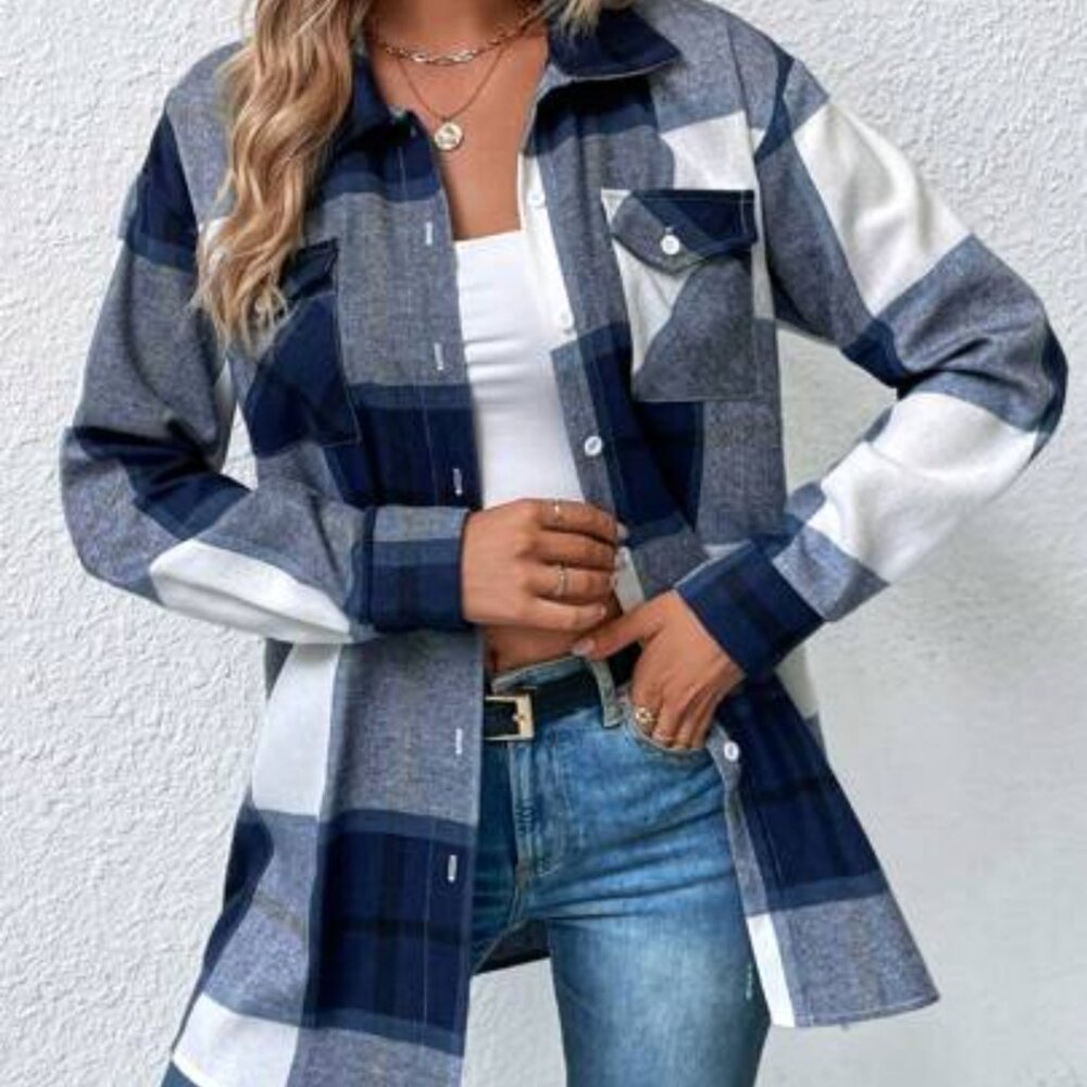 3/$30 Shein Urban Utility Plaid Flannel Button-up Blue Shirt